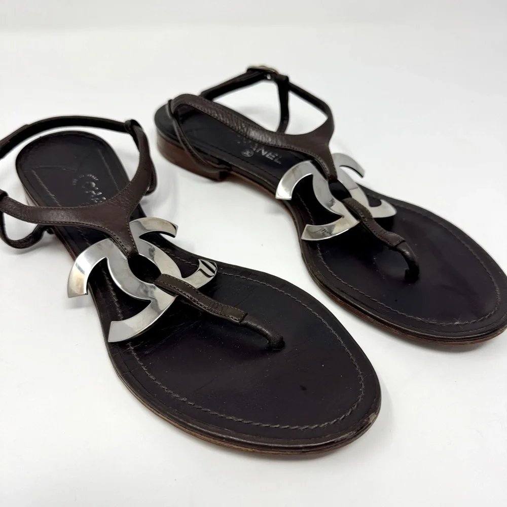 Chanel Dark Brown Leather Silver CC Logo T-Strap Thong Sandals